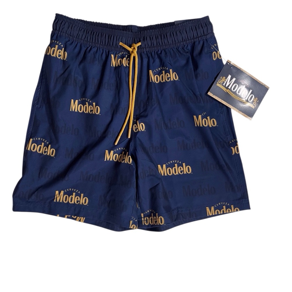 Modelo navy blue all over print logo board short/swim trunk men’s size Small NWT